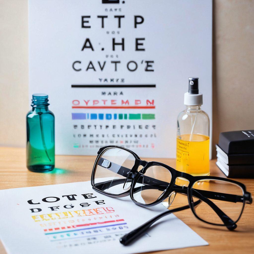A stylish modern optometrist's desk with a sleek pair of prescription glasses and a pair of chic sunglasses on it. The background features a bright, colorful eye chart and a lens cleaner bottle. A subtle glow highlights the glasses, symbolizing clarity and vision care. super-realistic. vibrant colors. high contrast.