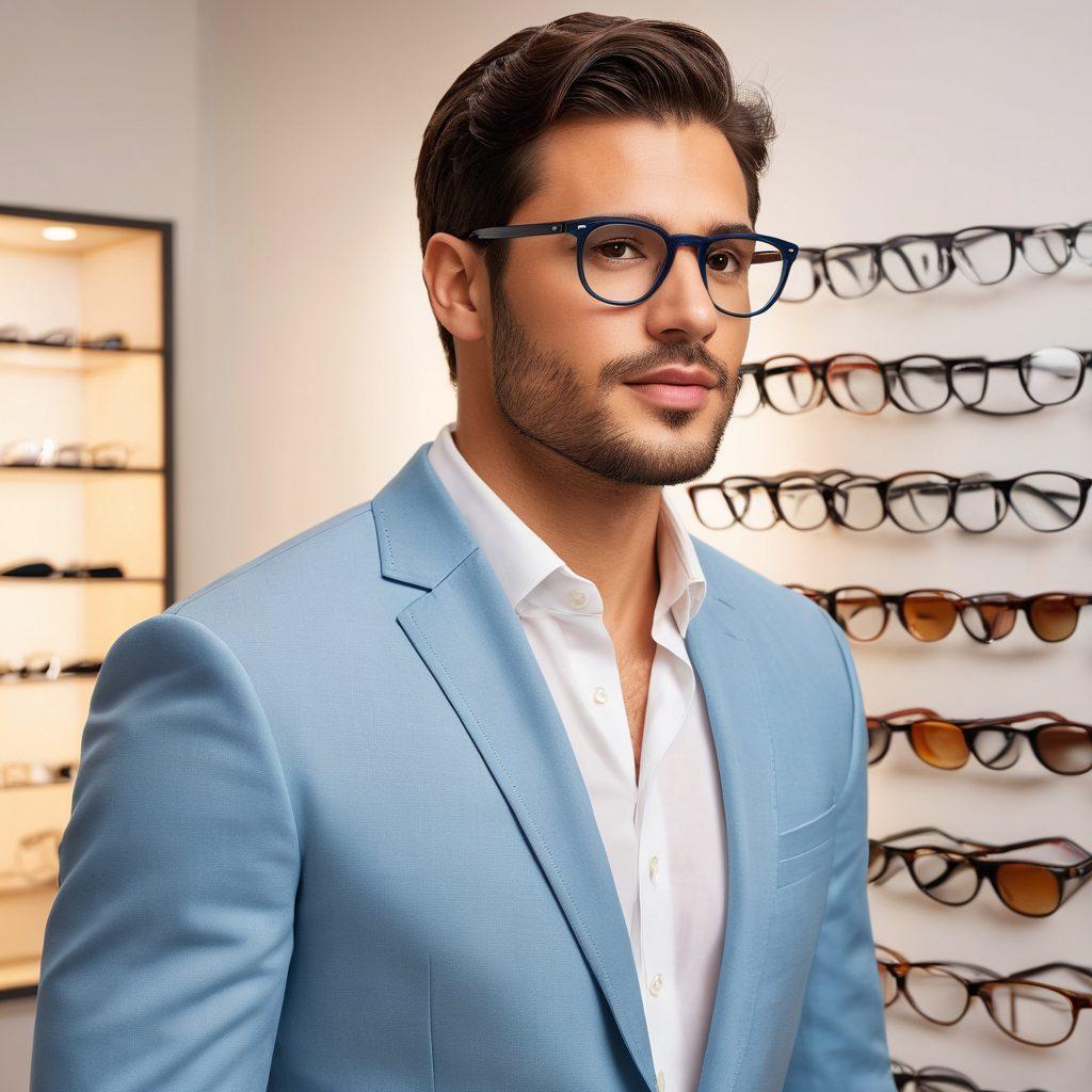 A stylish person trying on different pairs of glasses, each reflecting a different occasion - casual, business, sports, and evening wear. Highlight the variety in frame styles and colors, with a soft, elegant background. super-realistic. vibrant colors.