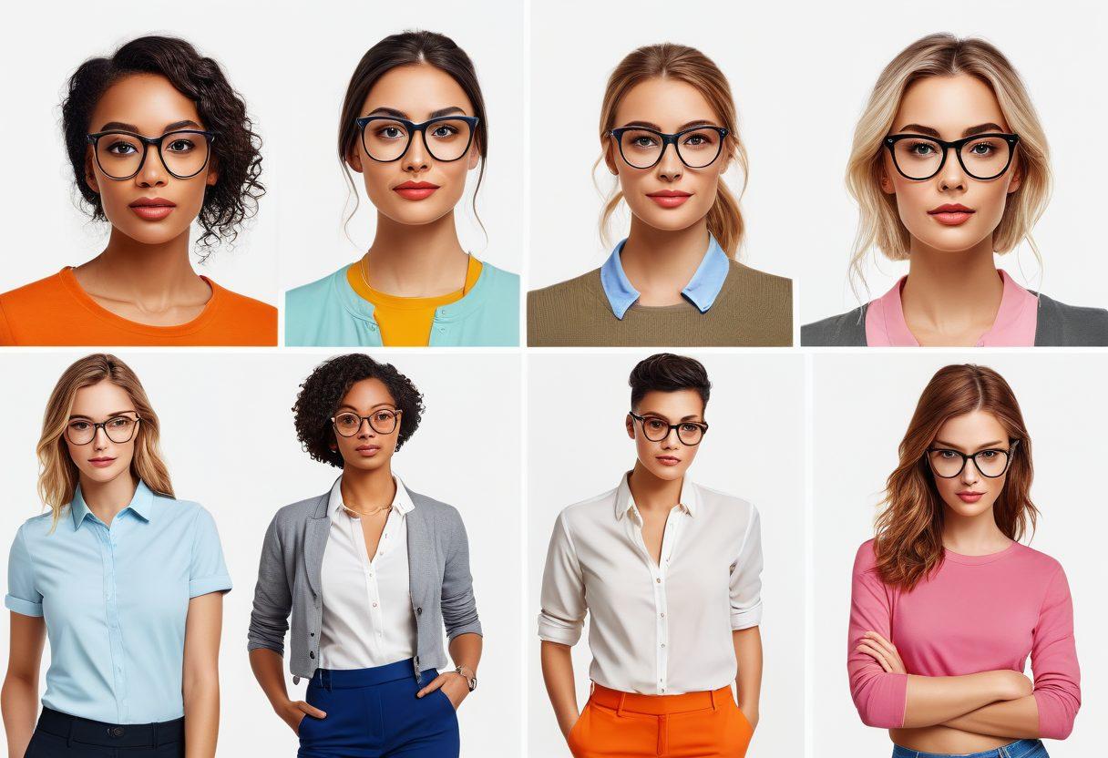 A diverse group of people in different lifestyle scenarios - a business professional in an office, a jogger in a park, a fashionista in a trendy cafe, a student in a library - all wearing stylish, perfectly matched glasses. Show a variety of frame styles and colors to depict versatility. super-realistic. vibrant colors. white background.